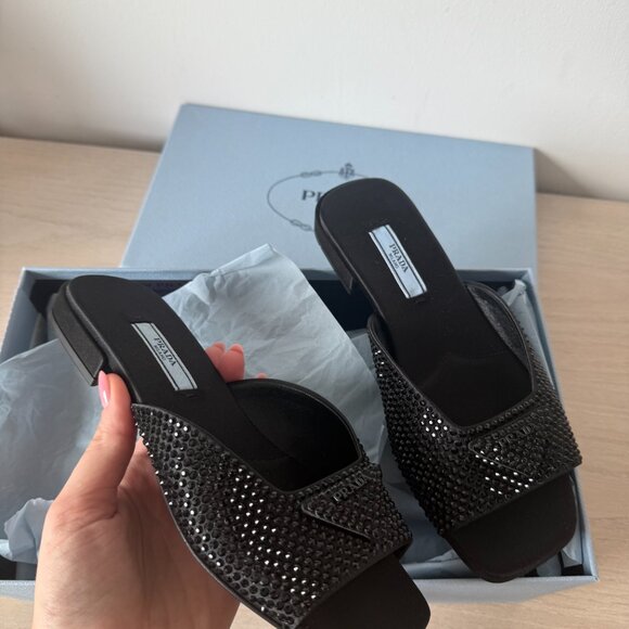 NWT Prada Slide Sandals Black Satin Crystal Embellishment Allover Triangle Logo - Picture 5 of 12